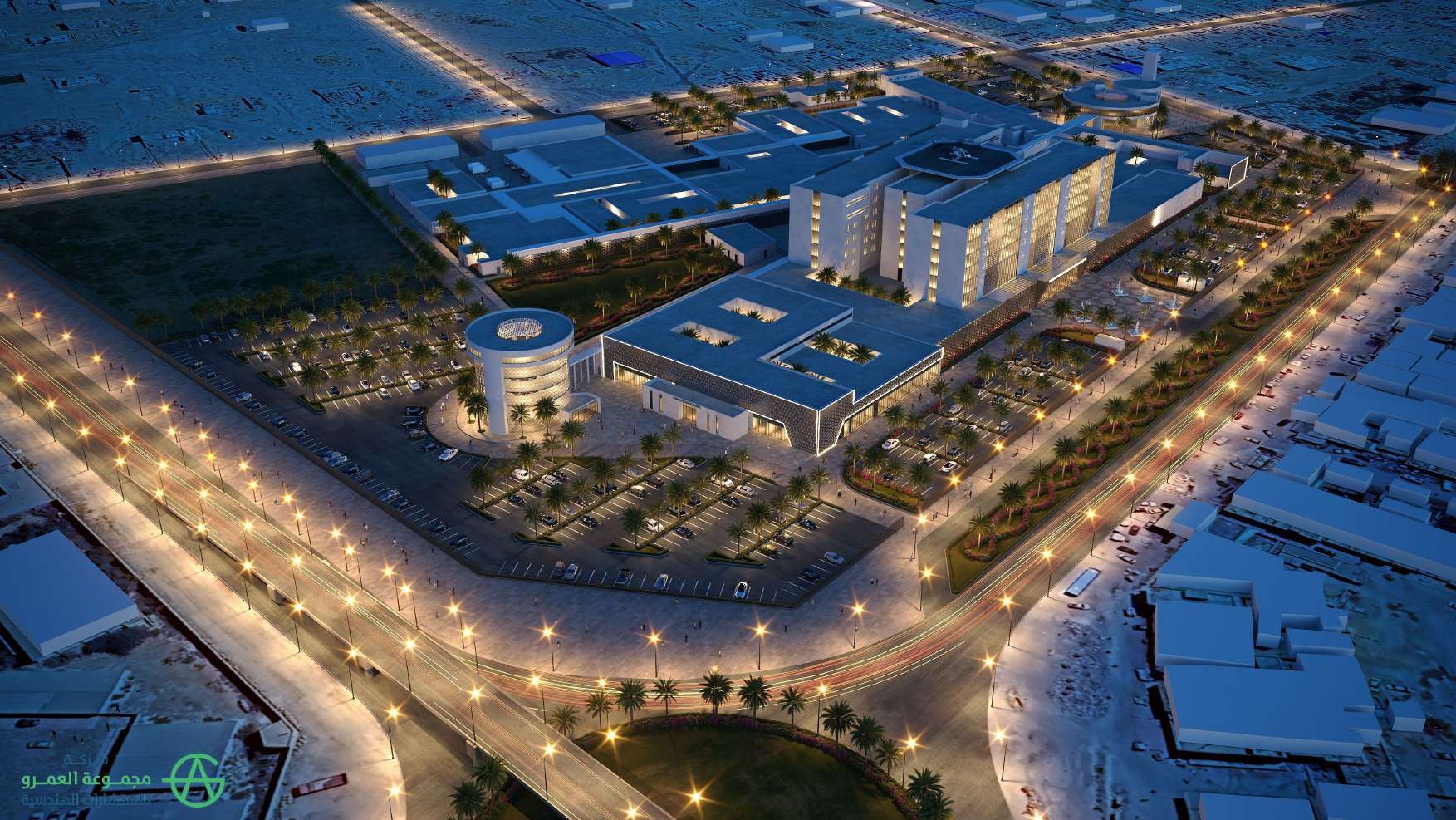 Aerial night view of the hospital campus