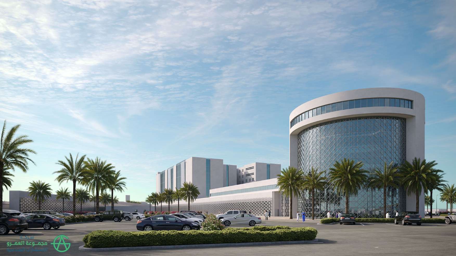 Parking approach and rounded pavilion